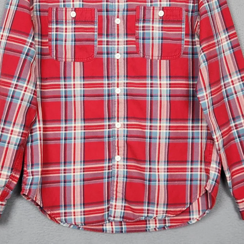 J CREW Shirt Mens Medium Red Plaid 100% Cotton Button Up Long Sleeve Flannel